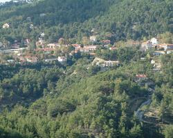 A photo of a green mountain with some housing