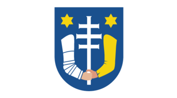 A city crest with two hands holding on to an item. 