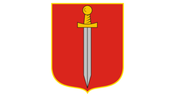 A city banner on red background with a golden sword.