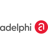 A logo with a red circle and the text adelphi