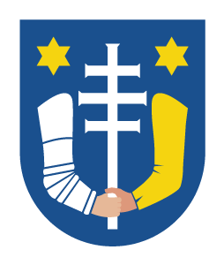 A city crest with two hands holding on to an item. 