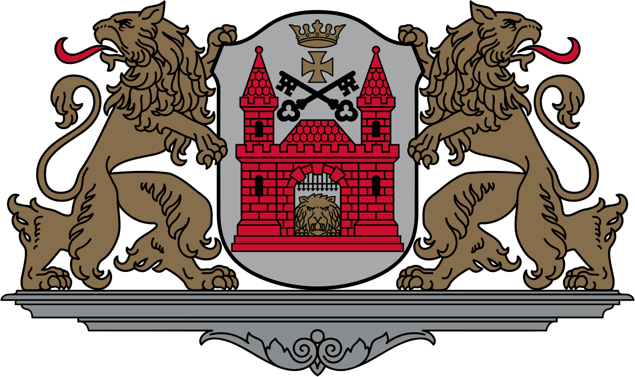 A logo with two lions and a castle