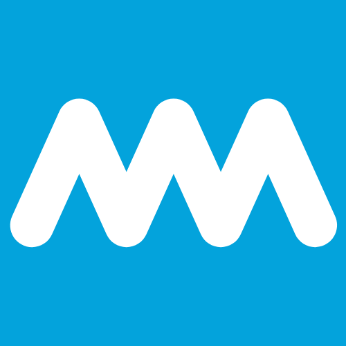 A logo, that looks like a a white double "M" on a blue background